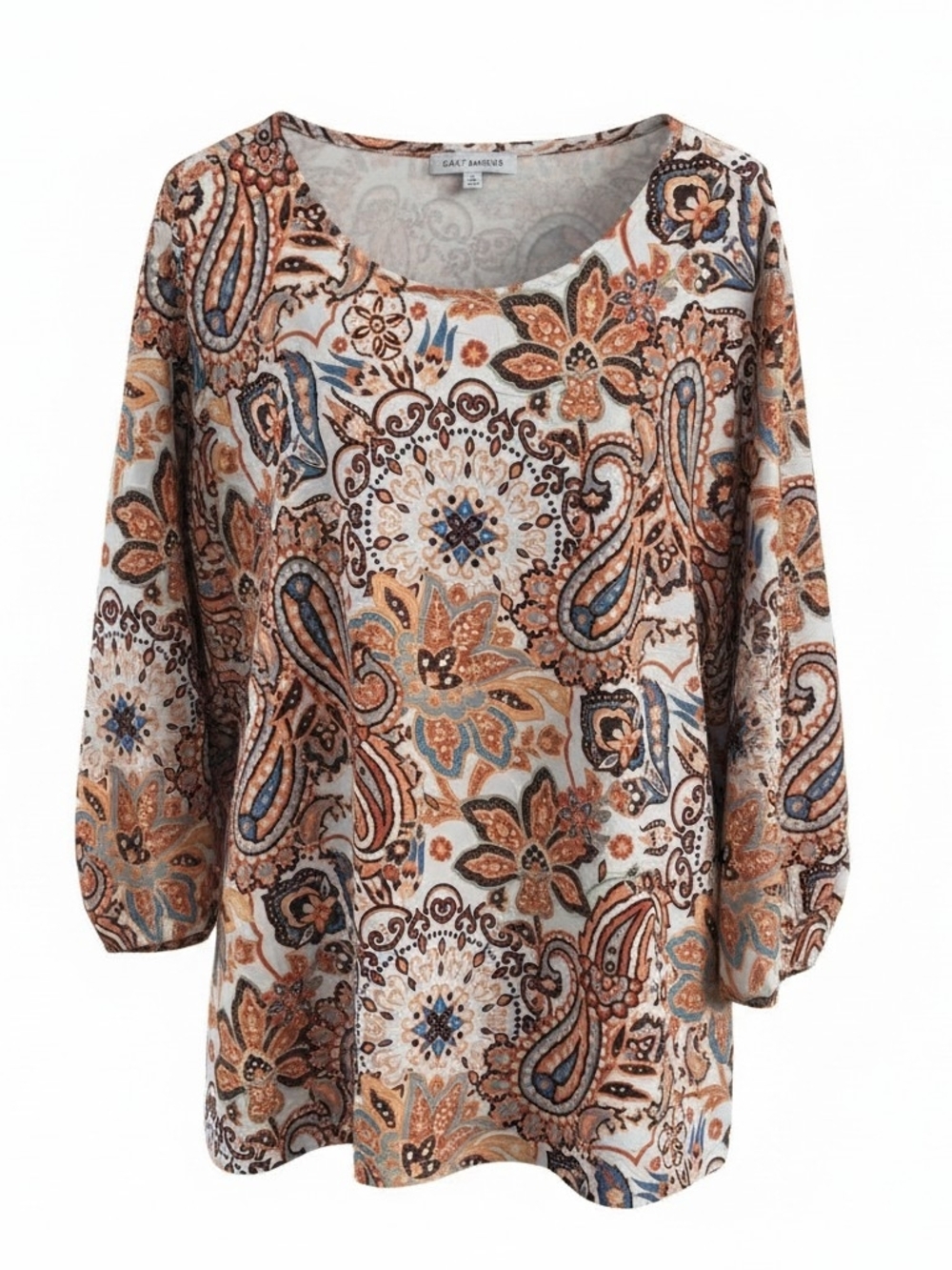 Emily Daniels Paisley Floral Long Sleeve Top XL Cream Orange Stretch Tee